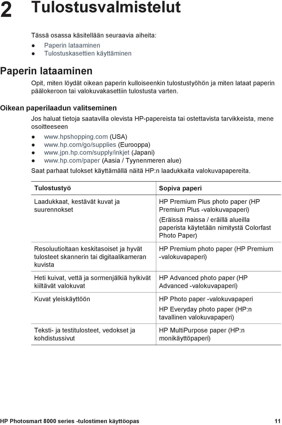 Oikean paperilaadun valitseminen Jos haluat tietoja saatavilla olevista HP-papereista tai ostettavista tarvikkeista, mene osoitteeseen www.hpshopping.com (USA) www.hp.com/go/supplies (Eurooppa) www.