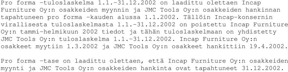 1. 31.12.2002 on poistettu Incap Furniture Oy:n tammi-helmikuun 2002 tiedot ja tähän tuloslaskelmaan on yhdistetty JMC Tools Oy:n tuloslaskelma 1.1. 31.12.2002. Incap Furniture Oy:n osakkeet myytiin 1.