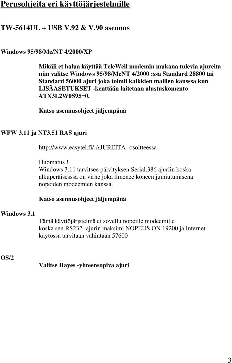 toimii kaikkien mallien kansssa kun LISÄASETUKSET -kenttään laitetaan alustuskomento ATX3L2W0S95=0. Katso asennusohjeet jäljempänä WFW 3.11 ja NT3.51 RAS ajuri http://www.easytel.