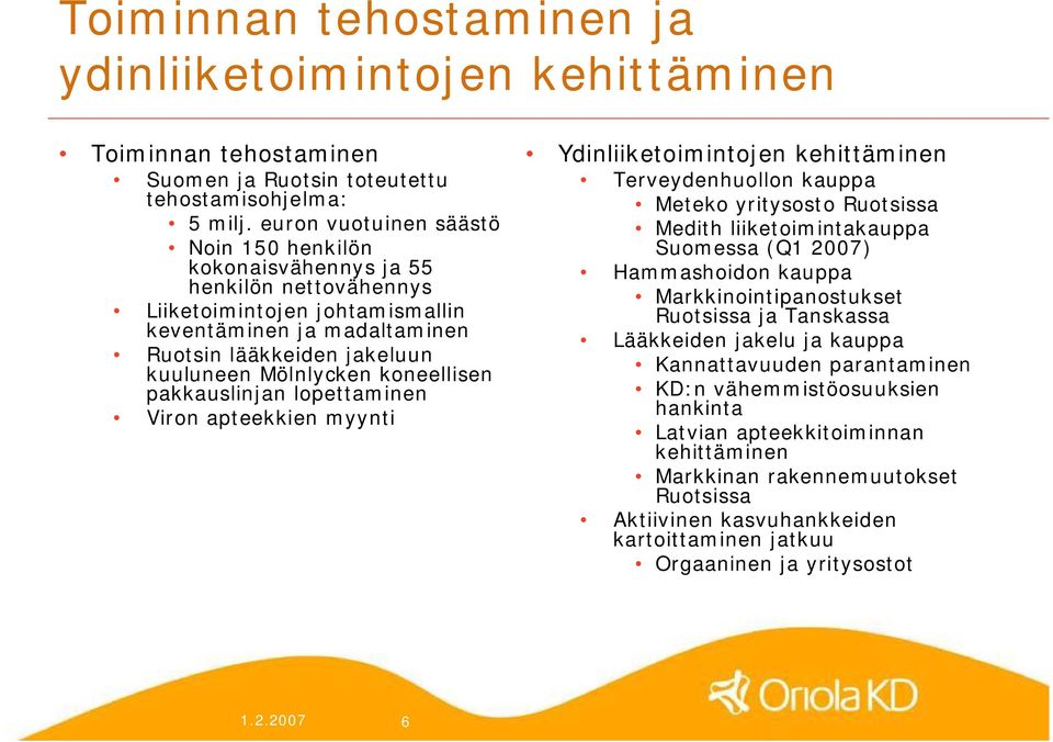 koneellisen pakkauslinjan lopettaminen Viron apteekkien myynti Ydinliiketoimintojen kehittäminen Terveydenhuollon kauppa Meteko yritysosto Ruotsissa Medith liiketoimintakauppa Suomessa (Q1 2007)