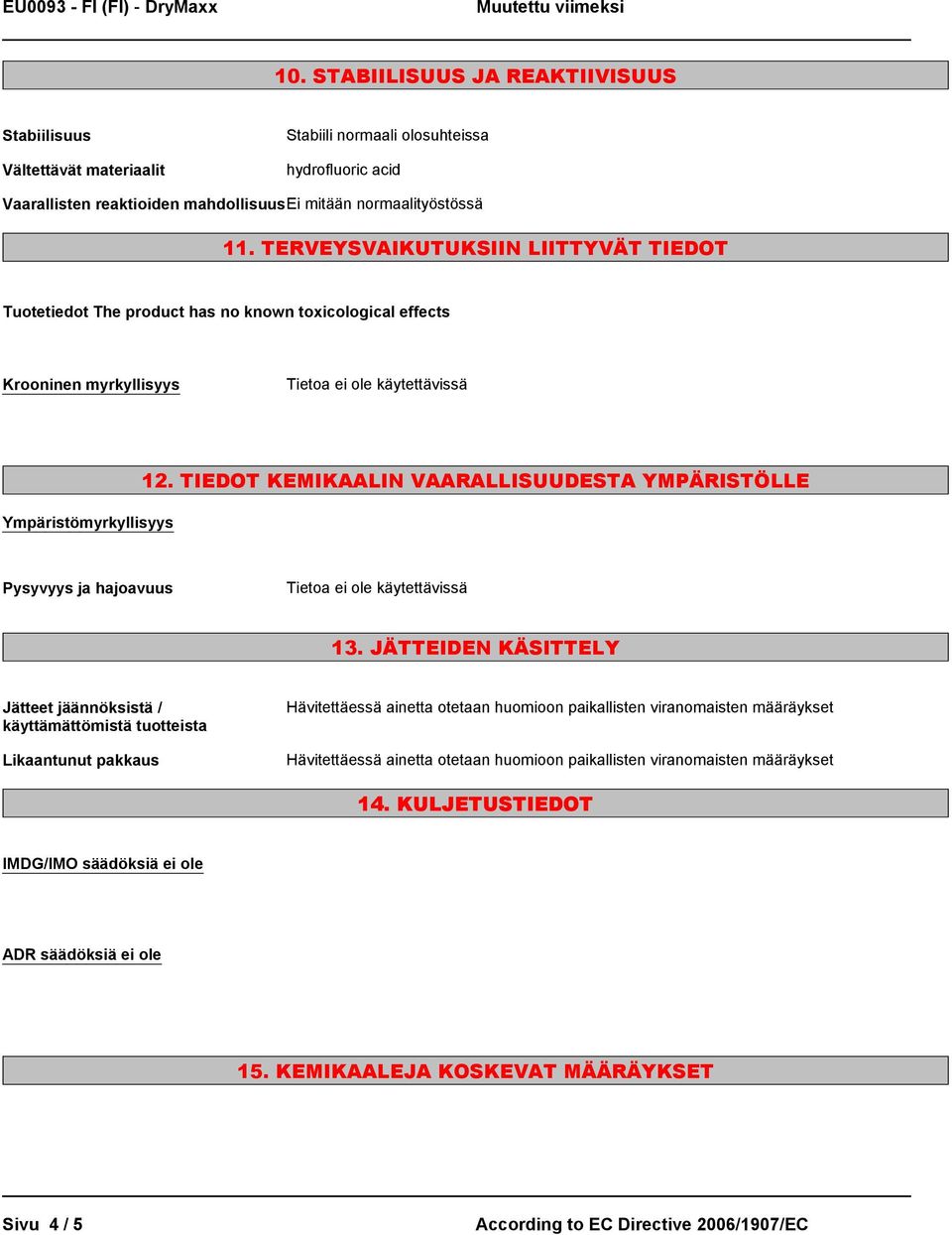 TIEDOT KEMIKAALIN VAARALLISUUDESTA YMPÄRISTÖLLE Pysyvyys ja hajoavuus 13.