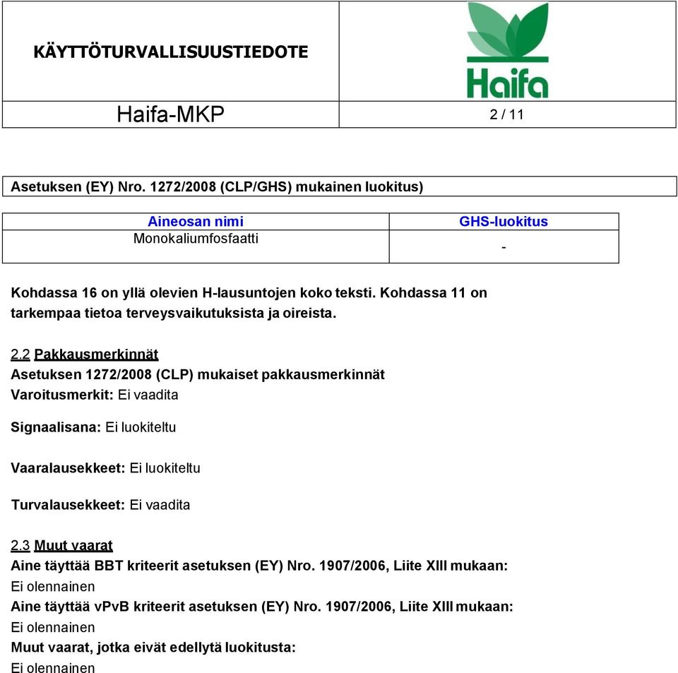 Kohdassa 11 on tarkempaa tietoa terveysvaikutuksista ja oireista. 2.