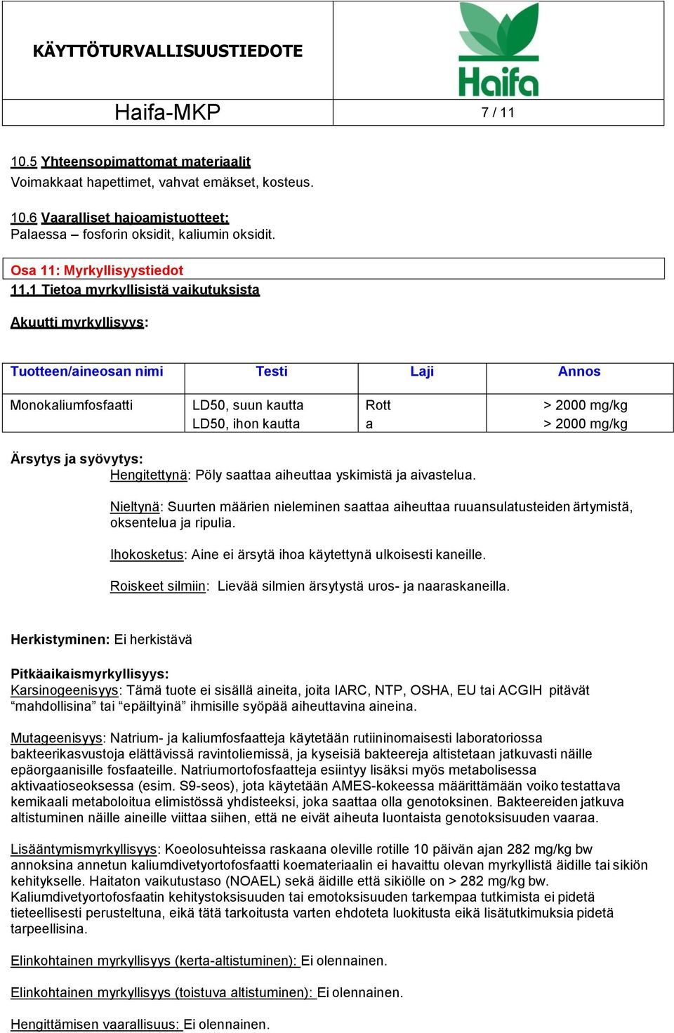 1 Tietoa myrkyllisistä vaikutuksista Akuutti myrkyllisyys: Tuotteen/aineosan nimi Testi Laji Annos Monokaliumfosfaatti LD50, suun kautta LD50, ihon kautta Rott a Kani Ärsytys ja syövytys: