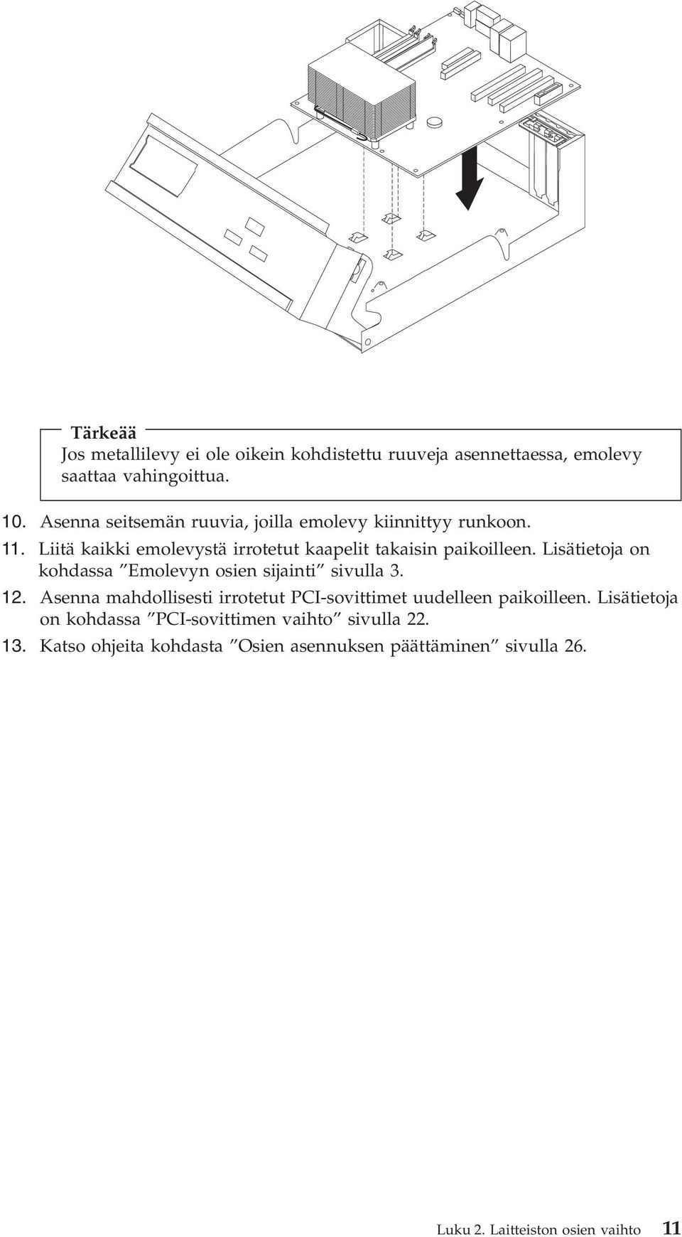 Lisätietoja on kohdassa Emolevyn osien sijainti sivulla 3. 12. Asenna mahdollisesti irrotetut PCI-sovittimet uudelleen paikoilleen.