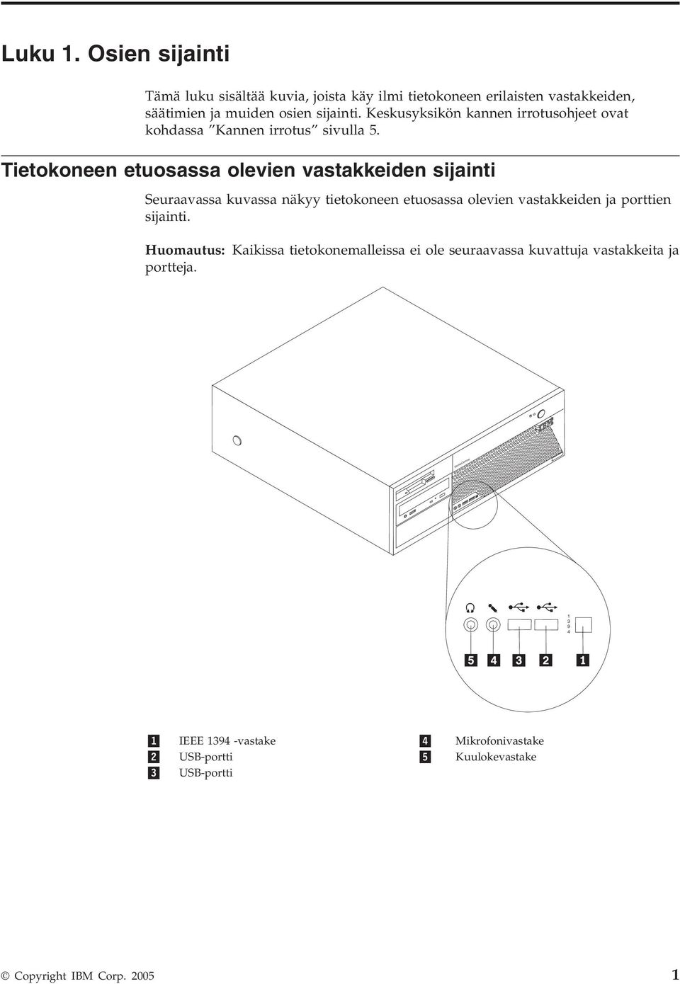 Tietokoneen etuosassa olevien vastakkeiden sijainti Seuraavassa kuvassa näkyy tietokoneen etuosassa olevien vastakkeiden ja porttien sijainti.