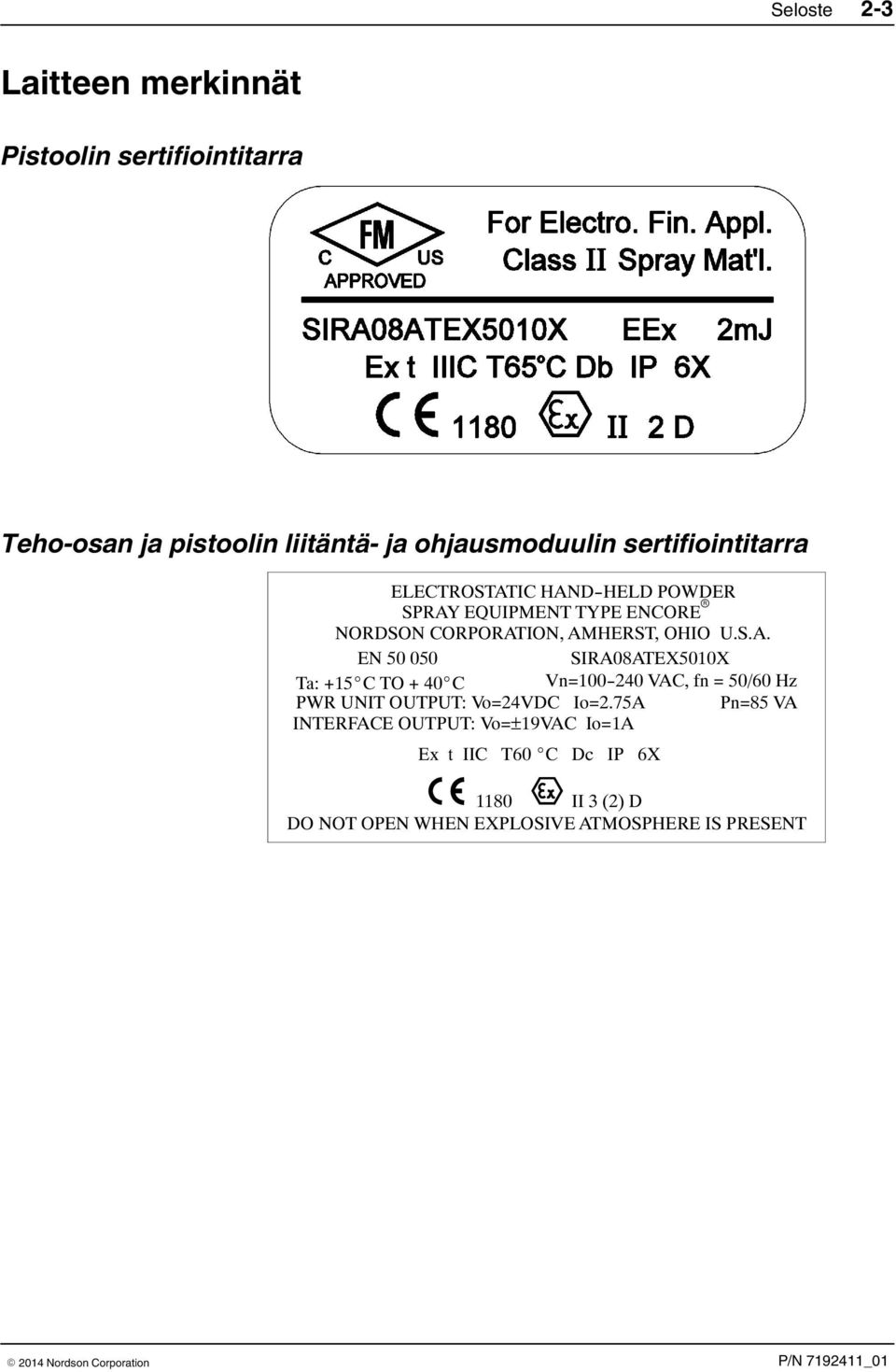 IC HAND-HELD POWDER SPRAY EQUIPMENT TYPE ENCORE NORDSON CORPORATION, AMHERST, OHIO U.S.A. EN 50 050 SIRA08ATEX5010X Ta: +15 C TO + 40 C Vn=100-240 VAC, fn = 50/60 Hz PWR UNIT OUTPUT: Vo=24VDC Io=2.