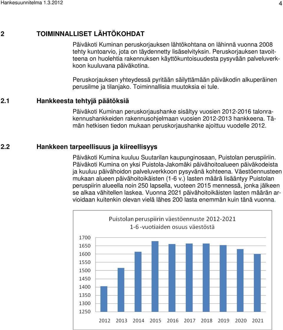 Peruskorjauksen tavoitteena on huolehtia rakennuksen käyttökuntoisuudesta pysyvään palveluverkkoon kuuluvana päiväkotina.