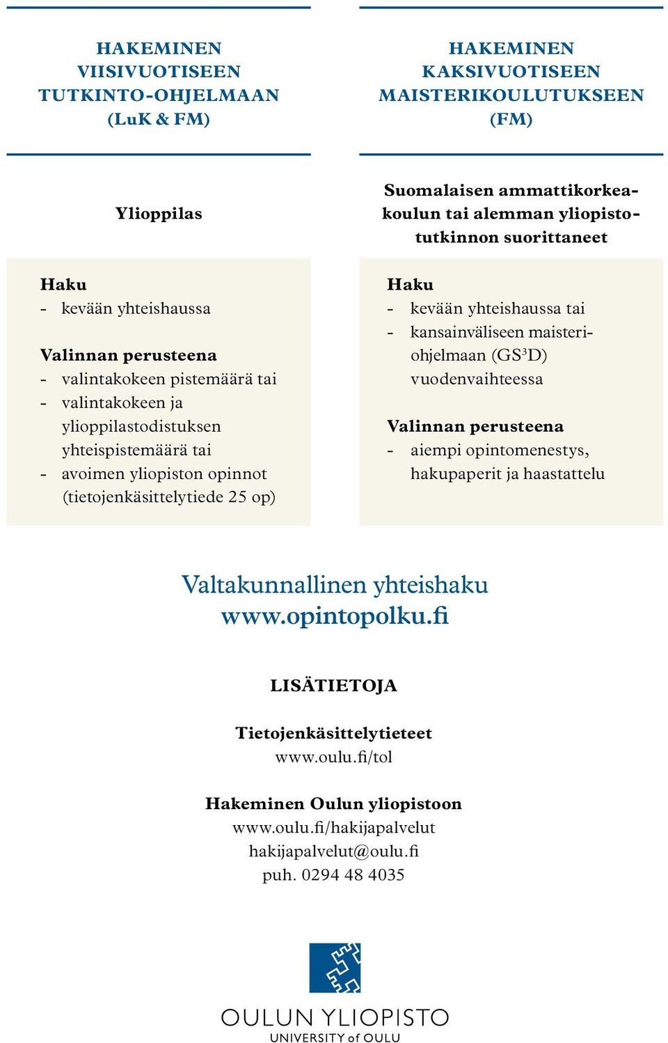 yliopistotutkinnon suorittaneet Haku - kevään yhteishaussa tai - kansainväliseen maisteriohjelmaan (GS 3 D) vuodenvaihteessa Valinnan perusteena - aiempi opintomenestys, hakupaperit ja