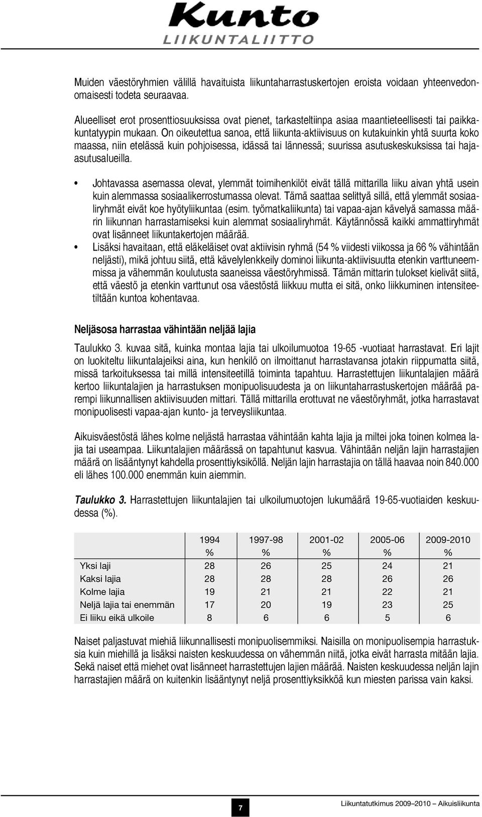 On oikeutettua sanoa, että liikunta-aktiivisuus on kutakuinkin yhtä suurta koko maassa, niin etelässä kuin pohjoisessa, idässä tai lännessä; suurissa asutuskeskuksissa tai hajaasutusalueilla.