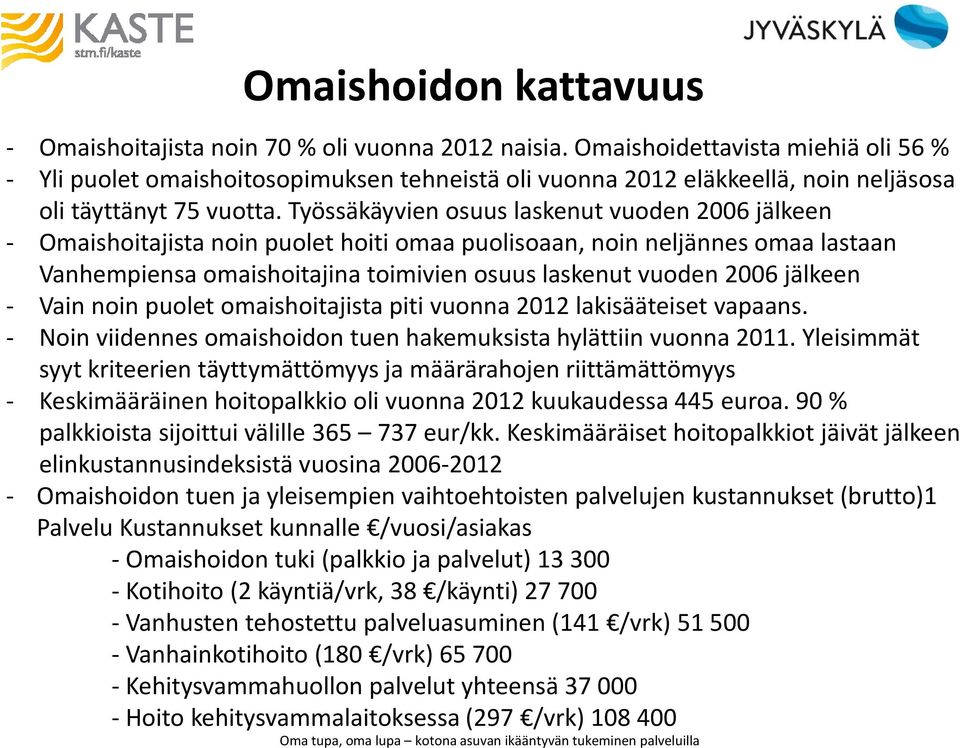 Työssäkäyvien osuus laskenut vuoden 2006 jälkeen - Omaishoitajista noin puolet hoiti omaa puolisoaan, noin neljännes omaa lastaan Vanhempiensa omaishoitajina toimivien osuus laskenut vuoden 2006