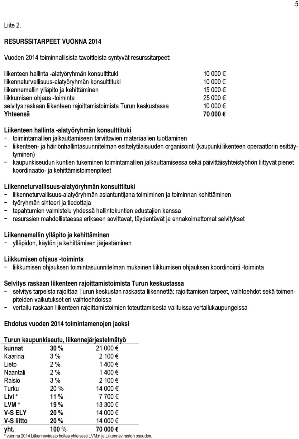 10 000 liikennemallin ylläpito ja kehittäminen 15 000 liikkumisen ohjaus -toiminta 25 000 selvitys raskaan liikenteen rajoittamistoimista Turun keskustassa 10 000 Yhteensä 70 000 Liikenteen hallinta