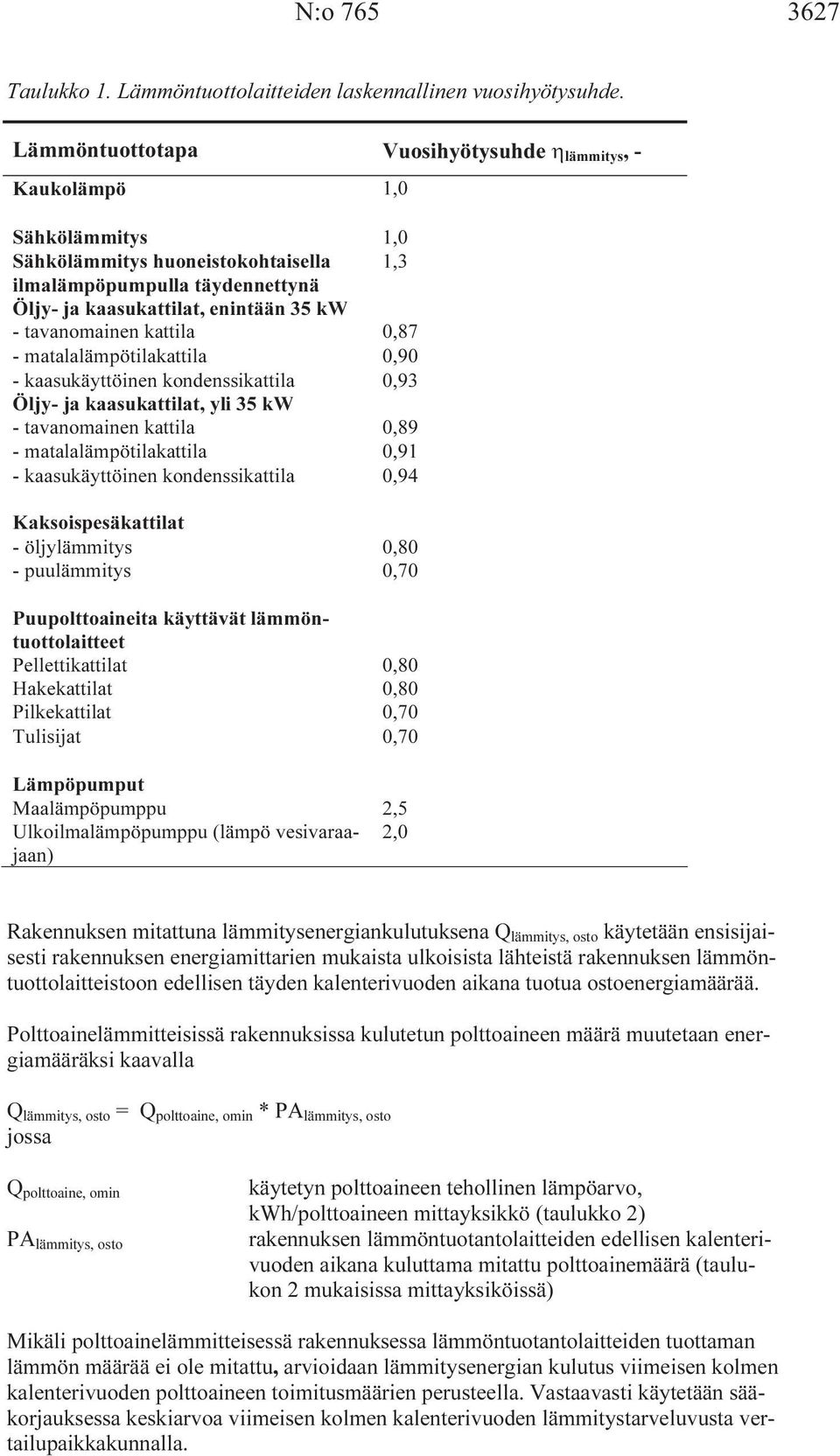 tavanomainen kattila 0,87 - matalalämpötilakattila 0,90 - kaasukäyttöinen kondenssikattila 0,93 Öljy- ja kaasukattilat, yli 35 kw - tavanomainen kattila 0,89 - matalalämpötilakattila 0,91 -