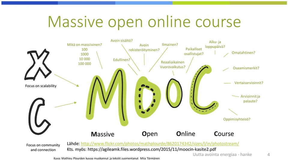 Arvioinnit ja palaute? Oppimisyhteisö? Focus on community and connection Massive Open Online Course Lähde: http://www.flickr.
