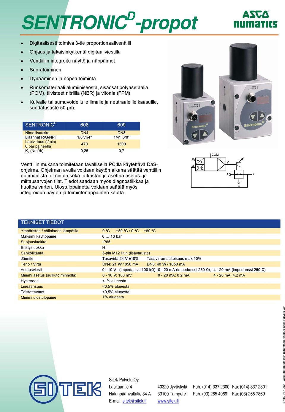 SENTRONIC D 608 609 Nimellisaukko DN4 DN8 Liitännät R/G/NPT 1/8,1/4" 1/4", 3/8 Läpivirtaus (l/min) 6 bar paineella 470 1300 K v (Nm 3 /h) 0,25 0,7 COM Venttiilin mukana toimitetaan tavallisella