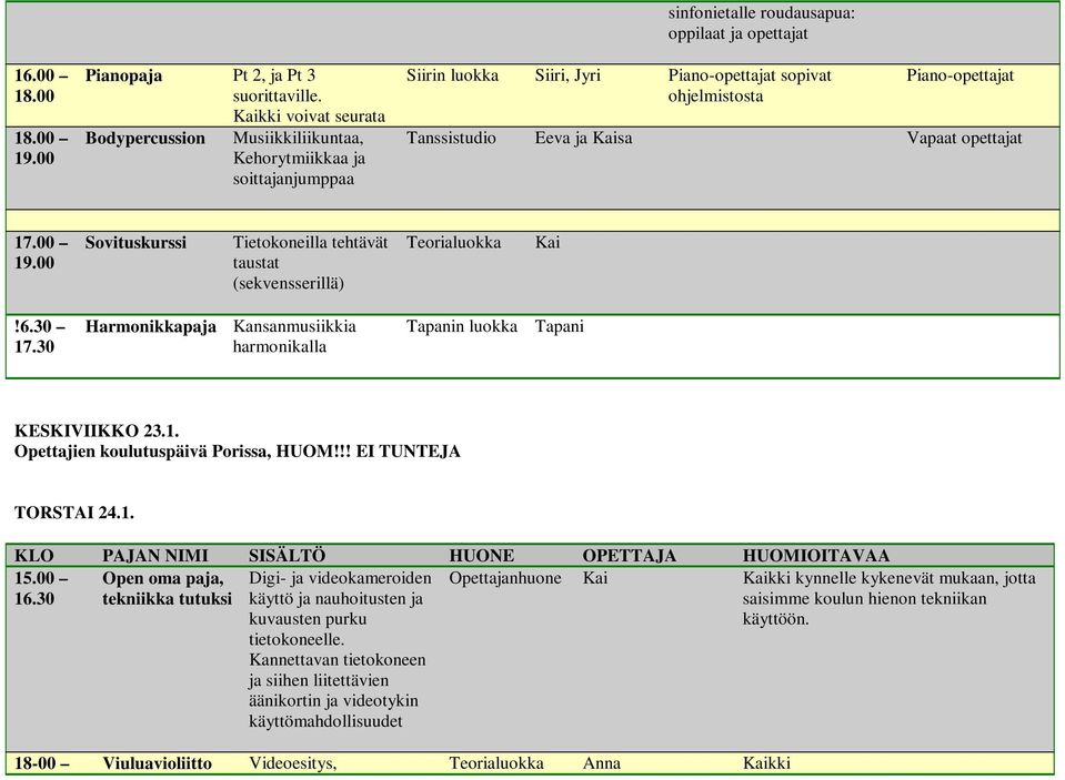 Piano-opettajat Tanssistudio Eeva ja Kaisa Sovituskurssi Tietokoneilla tehtävät taustat (sekvensserillä) Kai!6.30 17.