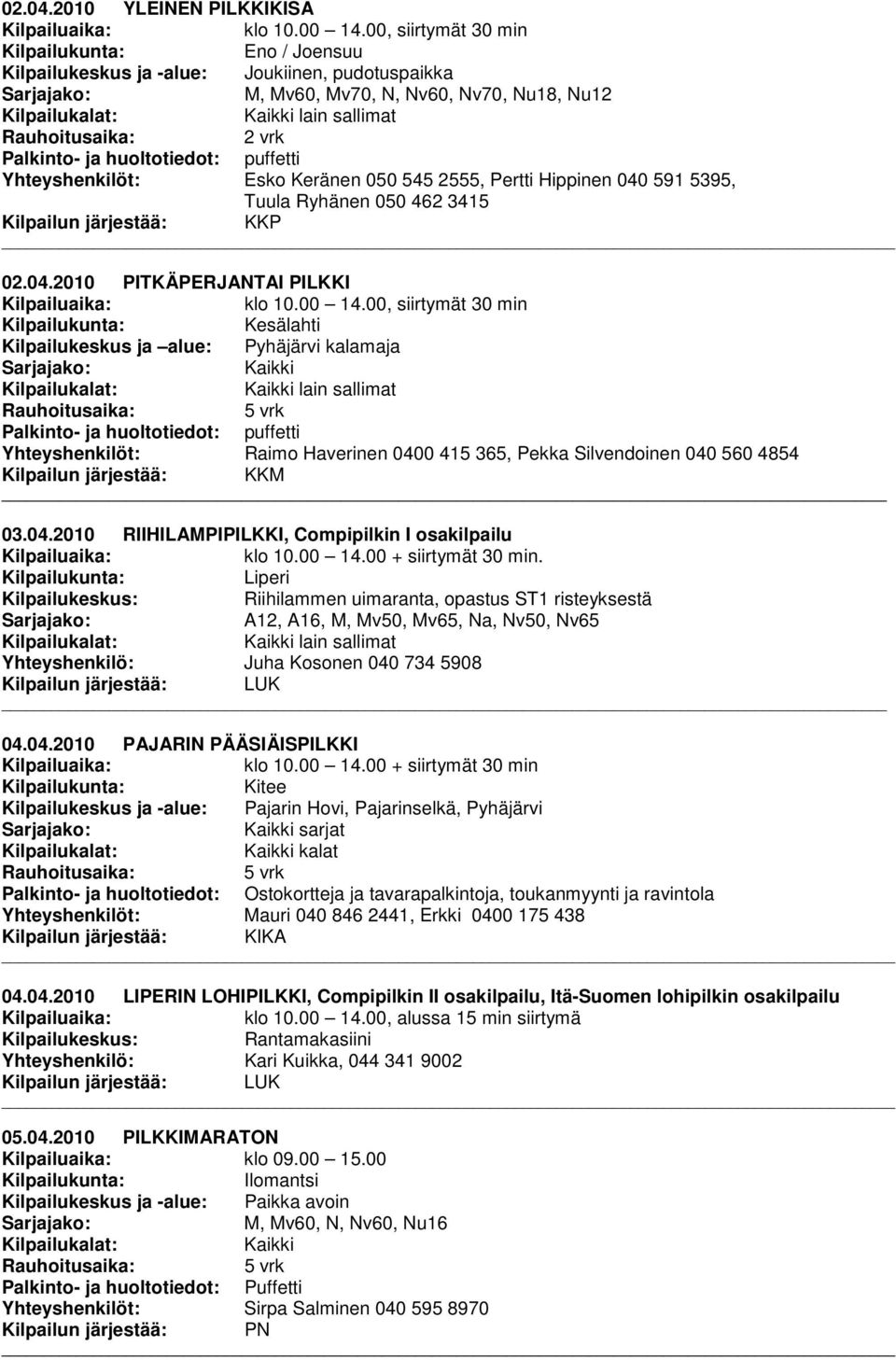 2555, Pertti Hippinen 040 591 5395, Tuula Ryhänen 050 462 3415 02.04.2010 PITKÄPERJANTAI PILKKI klo 10.00 14.