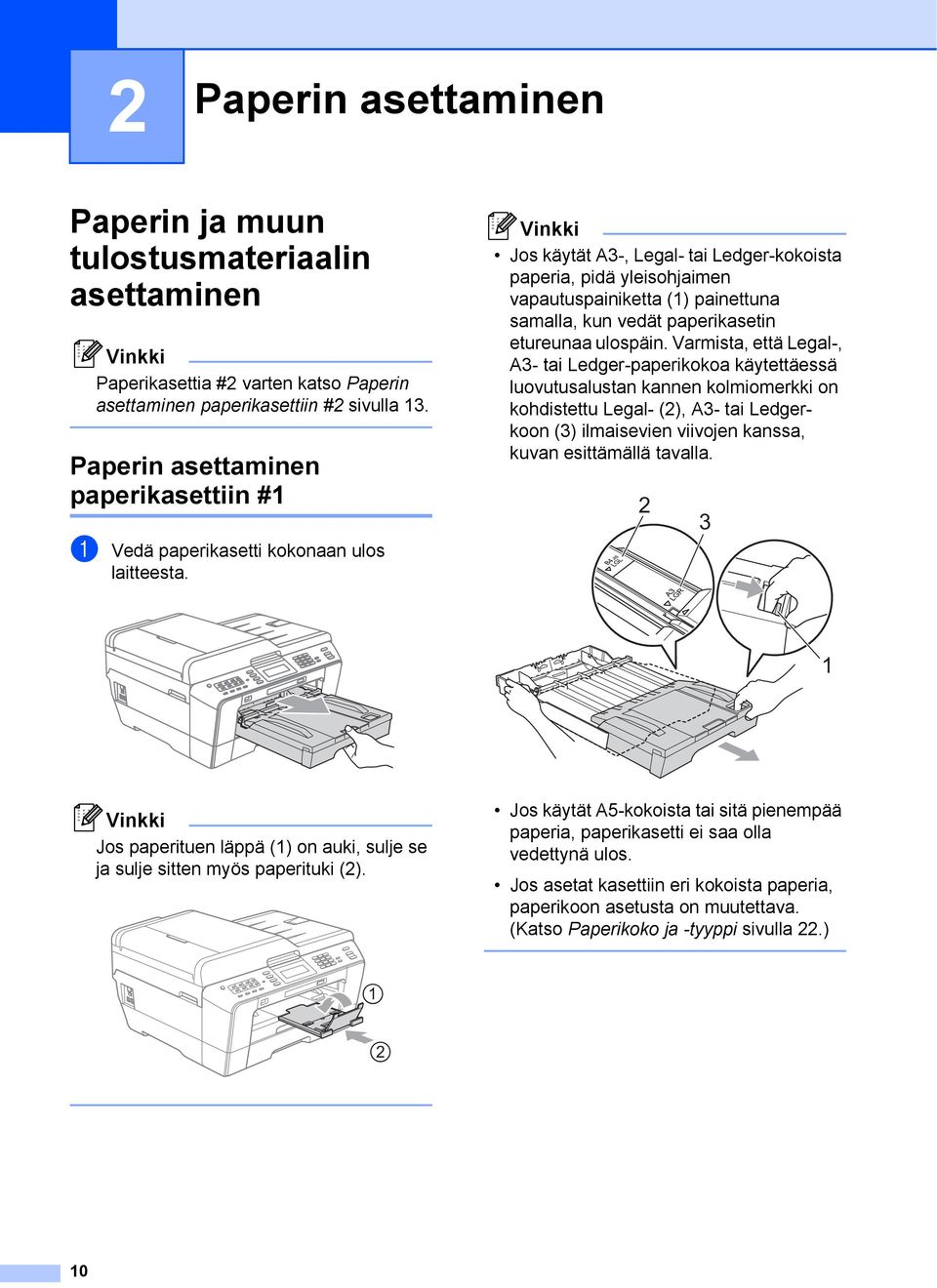 Jos käytät A3-, Legal- tai Ledger-kokoista paperia, pidä yleisohjaimen vapautuspainiketta () painettuna samalla, kun vedät paperikasetin etureunaa ulospäin.