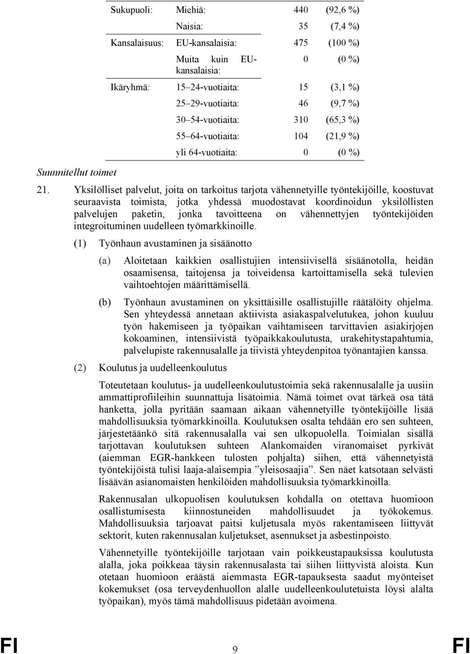 Yksilölliset palvelut, joita on tarkoitus tarjota vähennetyille työntekijöille, koostuvat seuraavista toimista, jotka yhdessä muodostavat koordinoidun yksilöllisten palvelujen paketin, jonka