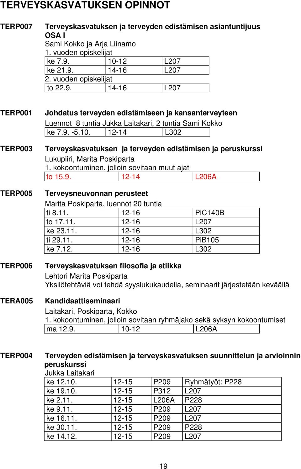12-14 L302 Terveyskasvatuksen ja terveyden edistämisen ja peruskurssi Lukupiiri, Marita Poskiparta 1. kokoontuminen, jolloin sovitaan muut ajat to 15.9.