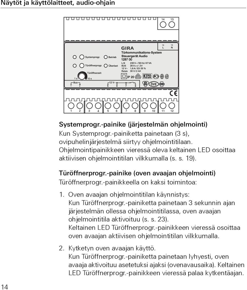 -painikkeella on kaksi toimintoa: 1. Oven avaajan ohjelmointitilan käynnistys: Kun Türöffnerprogr.