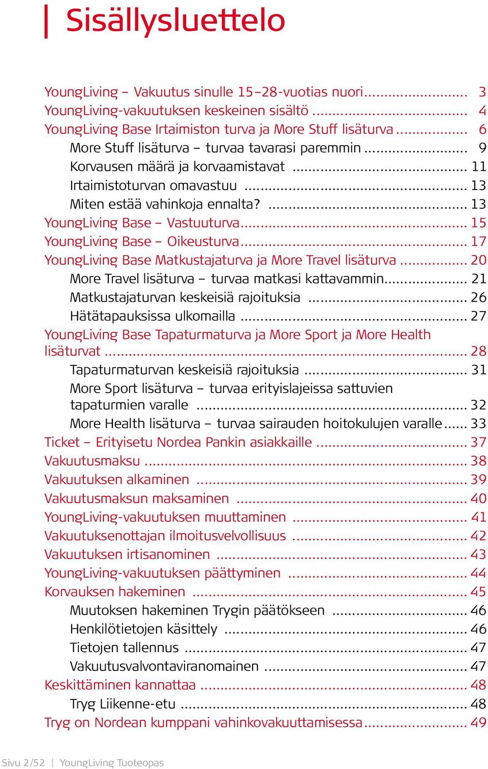 .. 15 YoungLiving Base Oikeusturva... 17 YoungLiving Base Matkustajaturva ja More Travel lisäturva... 20 More Travel lisäturva turvaa matkasi kattavammin... 21 Matkustajaturvan keskeisiä rajoituksia.