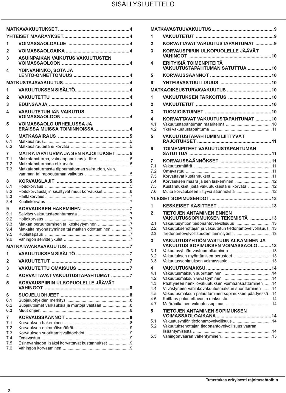 ..4 6 MATKASAIRAUS...5 6.1 Matkasairaus...5 6.2 Matkasairautena ei korvata...5 7 MATKATAPATURMA JA SEN RAJOITUKSET...5 7.1 Matkatapaturma, voimanponnistus ja liike...5 7.2 Matkatapaturmana ei korvata.