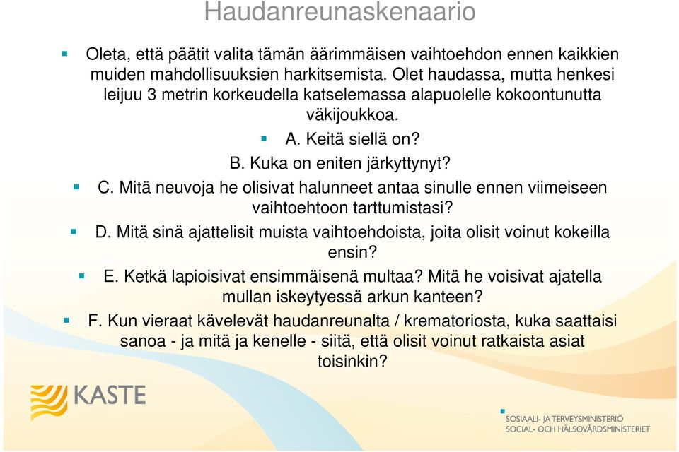 Mitä neuvoja he olisivat halunneet antaa sinulle ennen viimeiseen vaihtoehtoon tarttumistasi? D. Mitä sinä ajattelisit muista vaihtoehdoista, joita olisit voinut kokeilla ensin? E.