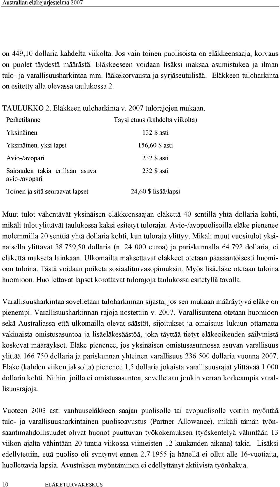 Eläkkeen tuloharkinta v. 2007 tulorajojen mukaan.