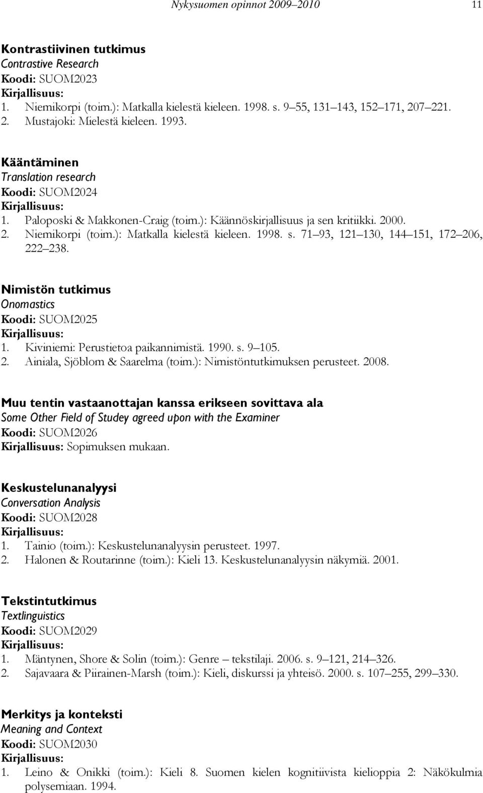 Nimistön tutkimus Onomastics Koodi: SUOM2025 1. Kiviniemi: Perustietoa paikannimistä. 1990. s. 9 105. 2. Ainiala, Sjöblom & Saarelma (toim.): Nimistöntutkimuksen perusteet. 2008.