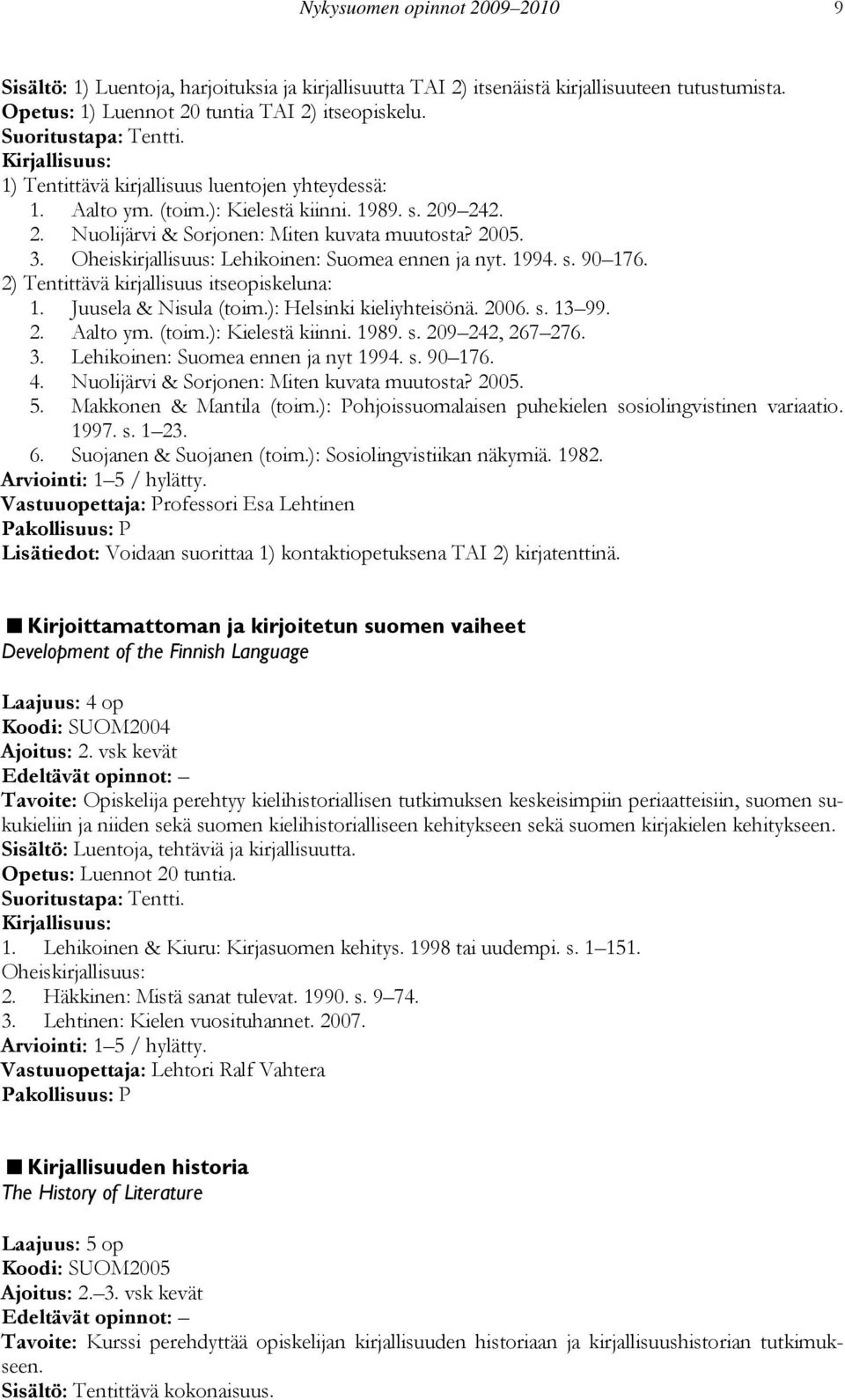 Oheiskirjallisuus: Lehikoinen: Suomea ennen ja nyt. 1994. s. 90 176. 2) Tentittävä kirjallisuus itseopiskeluna: 1. Juusela & Nisula (toim.): Helsinki kieliyhteisönä. 2006. s. 13 99. 2. Aalto ym.