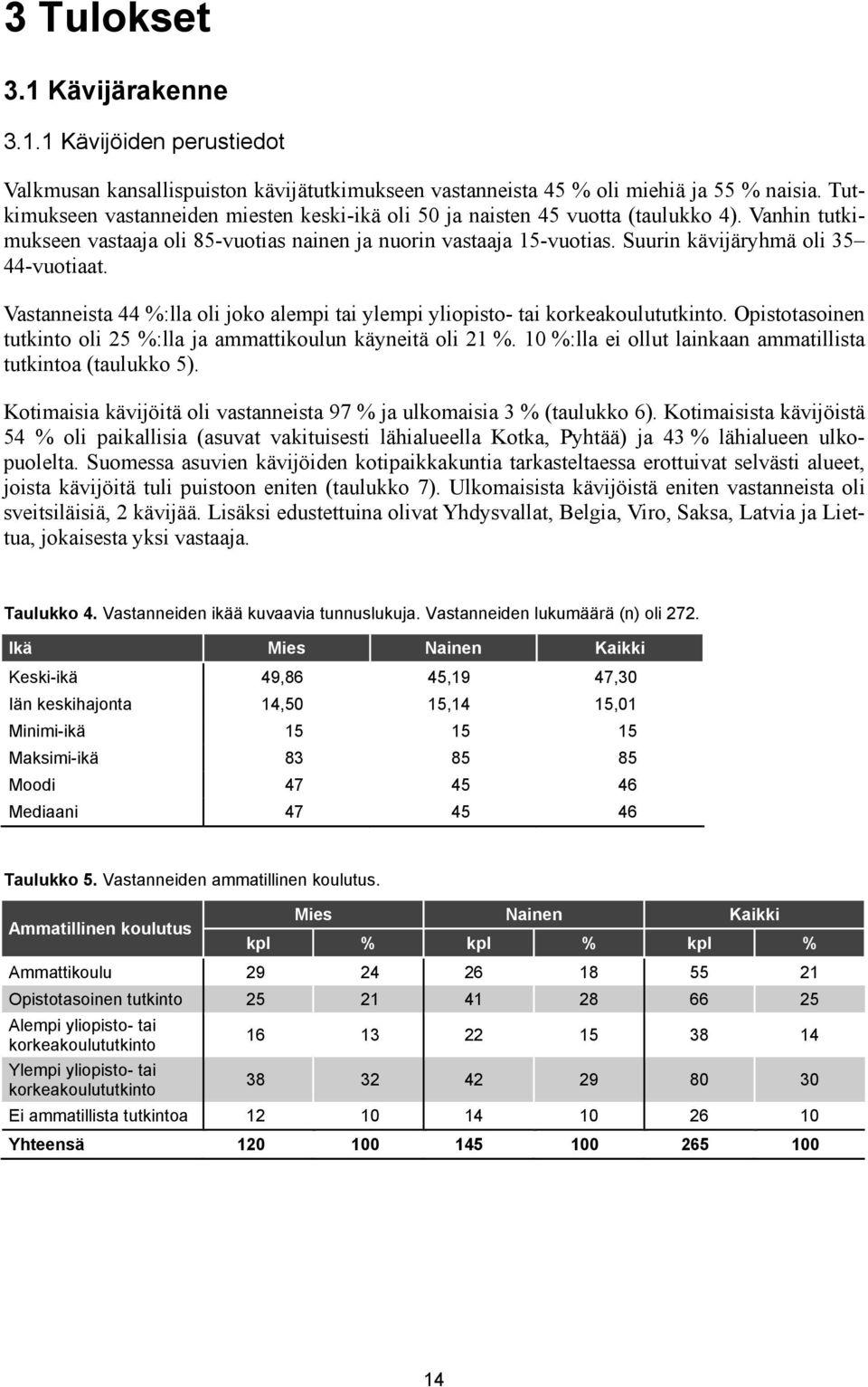 Suurin kävijäryhmä oli 35 44-vuotiaat. Vastanneista 44 %:lla oli joko alempi tai ylempi yliopisto- tai korkeakoulututkinto. Opistotasoinen tutkinto oli 25 %:lla ja ammattikoulun käyneitä oli 21 %.