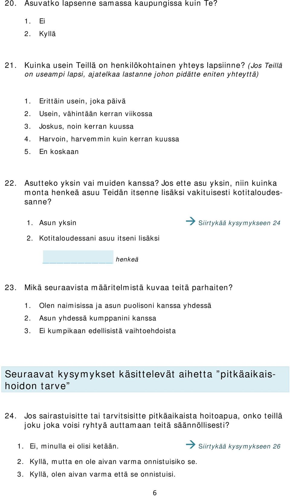 Harvoin, harvemmin kuin kerran kuussa 5. En koskaan 22. Asutteko yksin vai muiden kanssa? Jos ette asu yksin, niin kuinka monta henkeä asuu Teidän itsenne lisäksi vakituisesti kotitaloudessanne? 1.