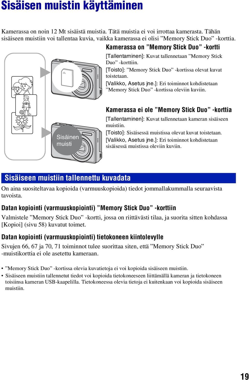 [Toisto]: Memory Stick Duo -kortissa olevat kuvat B toistetaan. [Valikko, Asetus jne.]: Eri toiminnot kohdistetaan Memory Stick Duo -kortissa oleviin kuviin.