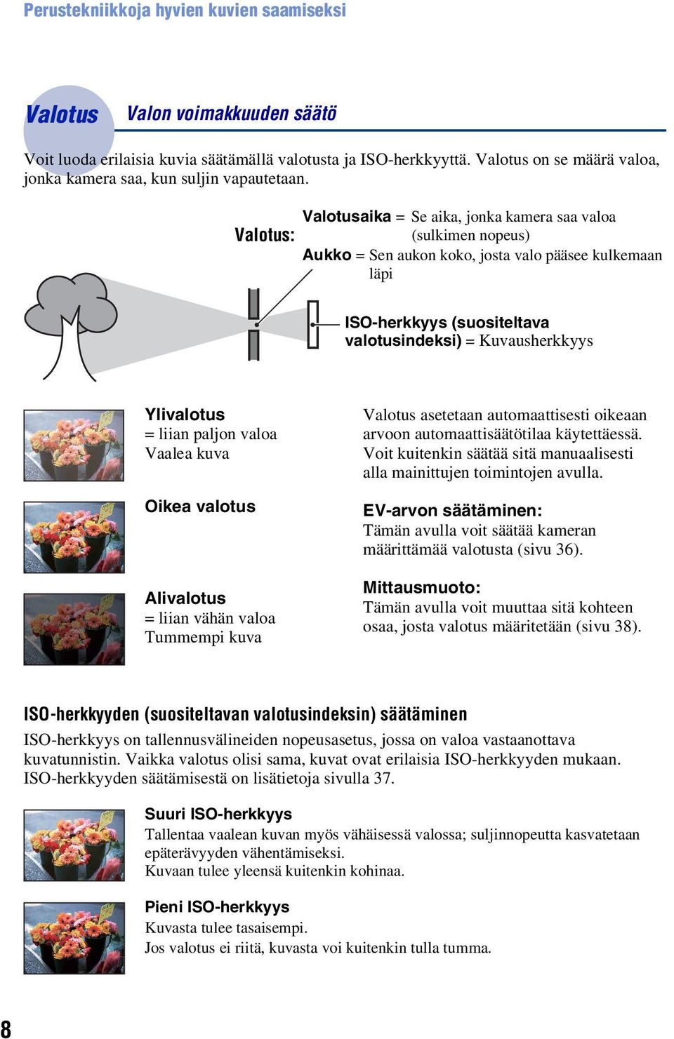 Valotusaika = Se aika, jonka kamera saa valoa Valotus: (sulkimen nopeus) Aukko = Sen aukon koko, josta valo pääsee kulkemaan läpi ISO-herkkyys (suositeltava valotusindeksi) = Kuvausherkkyys