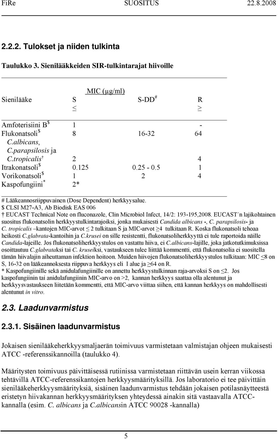 $ CLSI M27-A3, Ab Biodisk EAS 006 EUCAST Technical Note on fluconazole, Clin Microbiol Infect, 14/2: 193-195,2008.