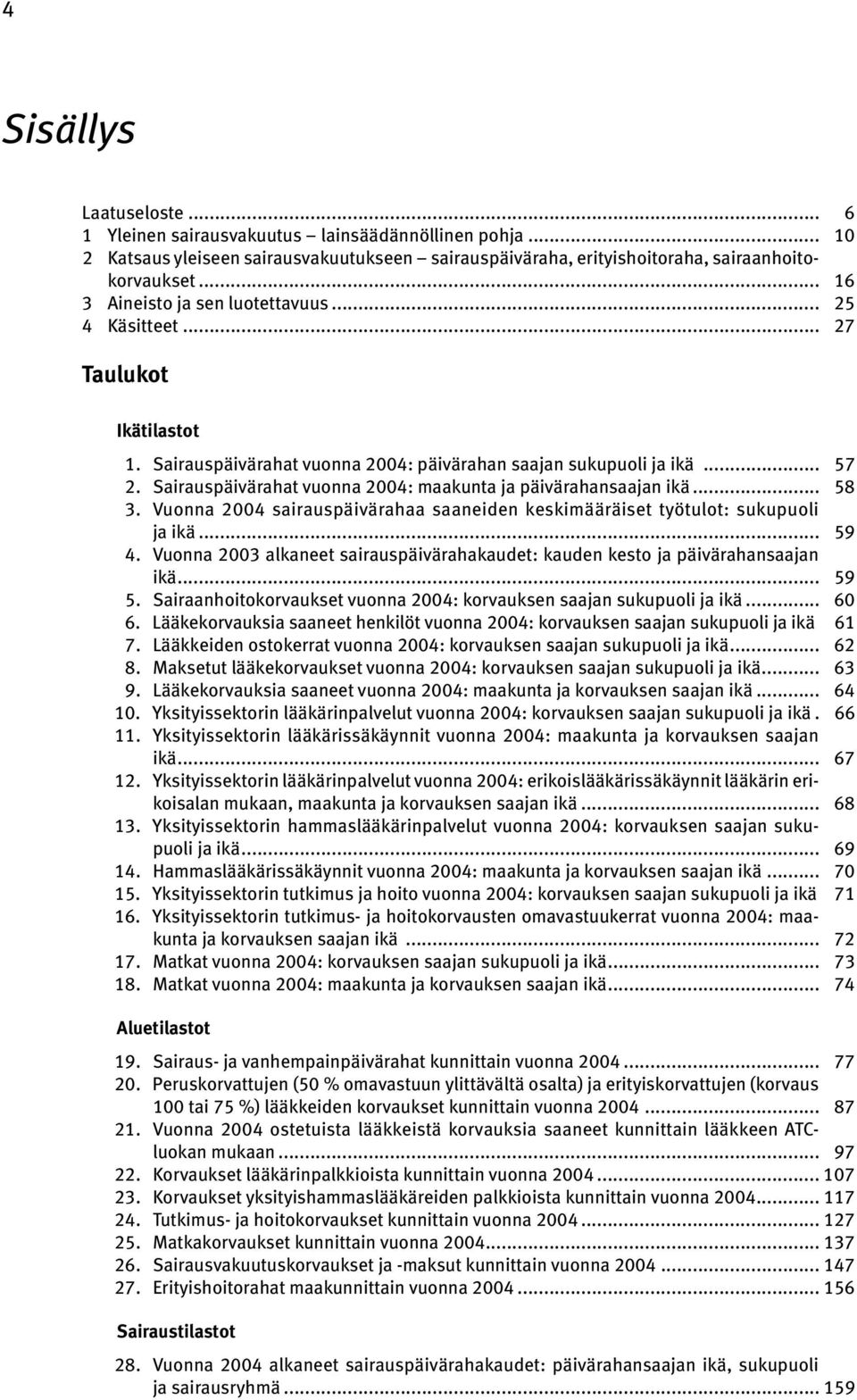 Sairauspäivärahat vuonna 2004: maakunta ja päivärahansaajan ikä... 58 3. Vuonna 2004 sairauspäivärahaa saaneiden keskimääräiset työtulot: sukupuoli ja ikä... 59 4.