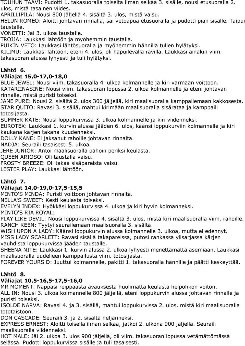 PUIKIN VETO: Laukkasi lähtösuoralla ja myöhemmin hännillä tullen hylätyksi. KILIMU: Laukkasi lähtöön, eteni 4. ulos, oli hapuilevalla ravilla. Laukkasi ainakin viim.