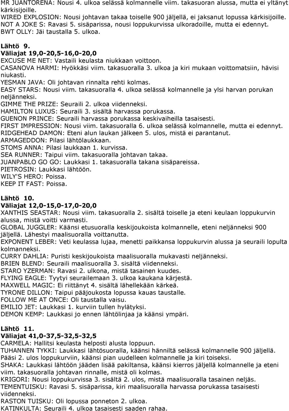 BWT OLLY: Jäi taustalla 5. ulkoa. Lähtö 9. Väliajat 19,0-20,5-16,0-20,0 EXCUSE ME NET: Vastaili keulasta niukkaan voittoon. CASANOVA HARMI: Hyökkäsi viim. takasuoralla 3.