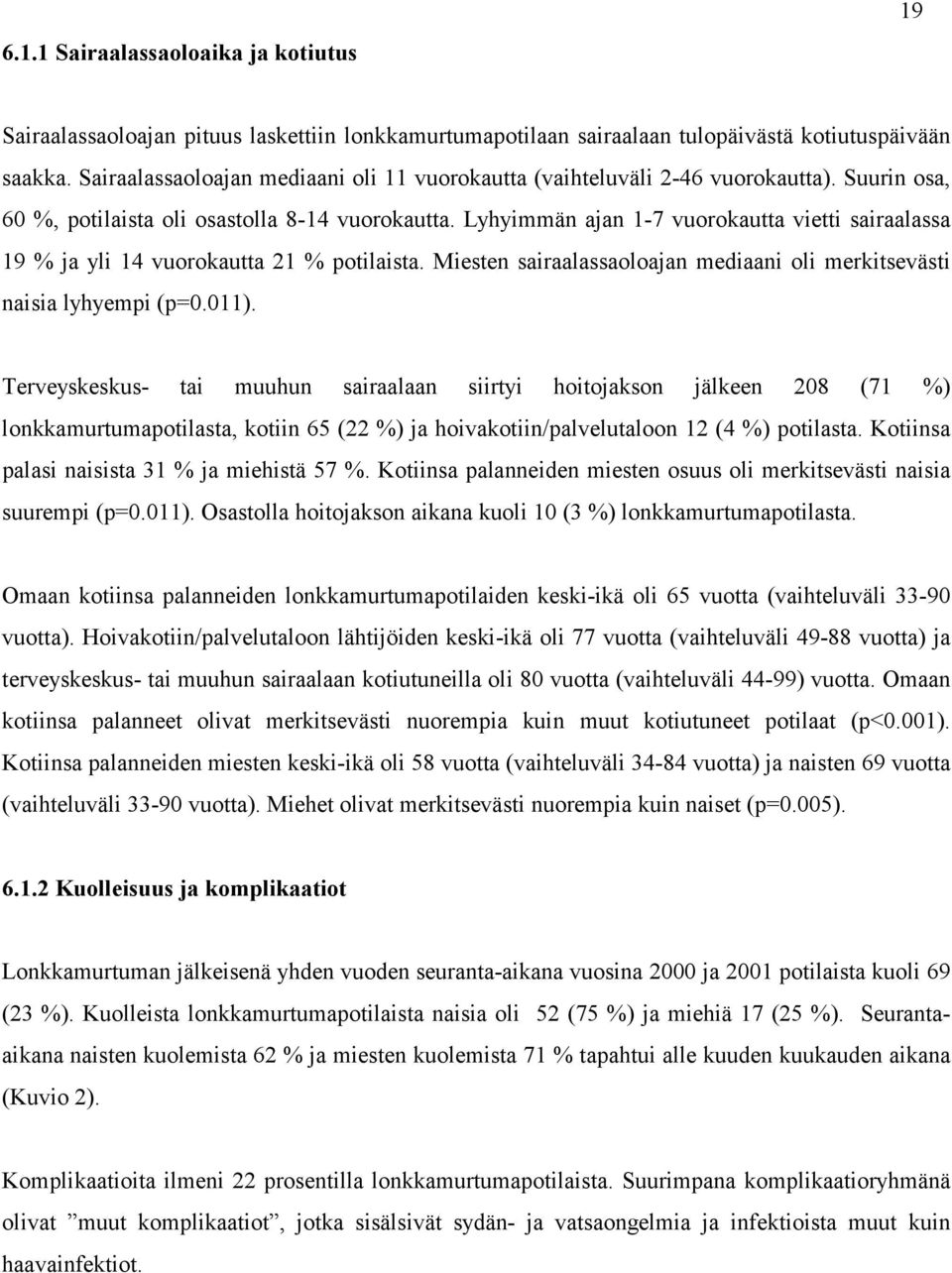 Lyhyimmän ajan 1-7 vuorokautta vietti sairaalassa 19 % ja yli 14 vuorokautta 21 % potilaista. Miesten sairaalassaoloajan mediaani oli merkitsevästi naisia lyhyempi (p=0.011).