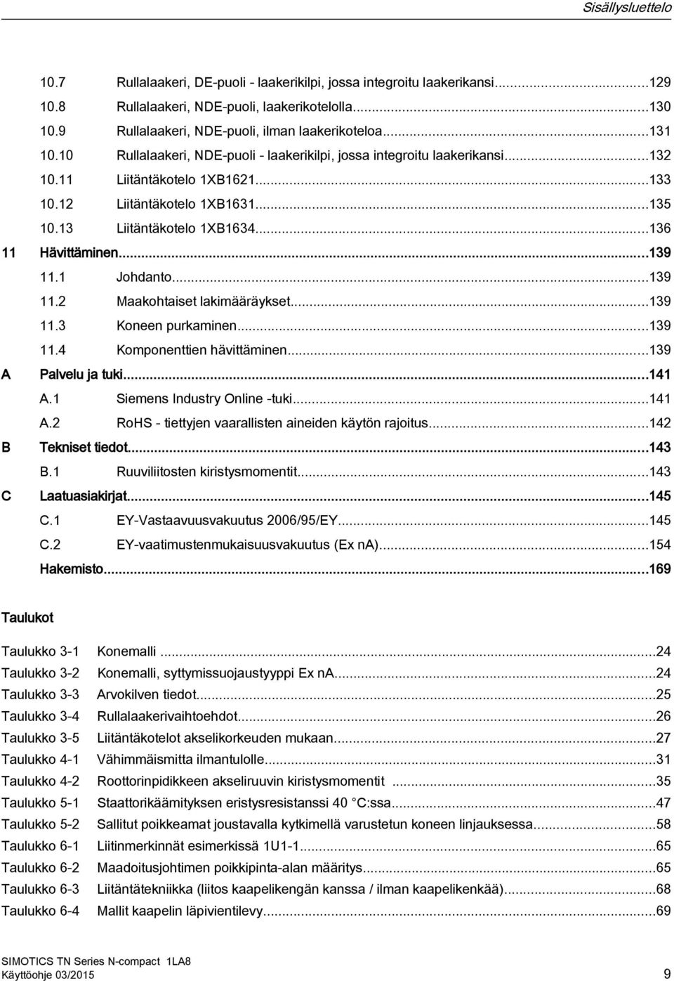 ..135 10.13 Liitäntäkotelo 1XB1634...136 11 Hävittäminen...139 11.1 Johdanto...139 11.2 Maakohtaiset lakimääräykset...139 11.3 Koneen purkaminen...139 11.4 Komponenttien hävittäminen.