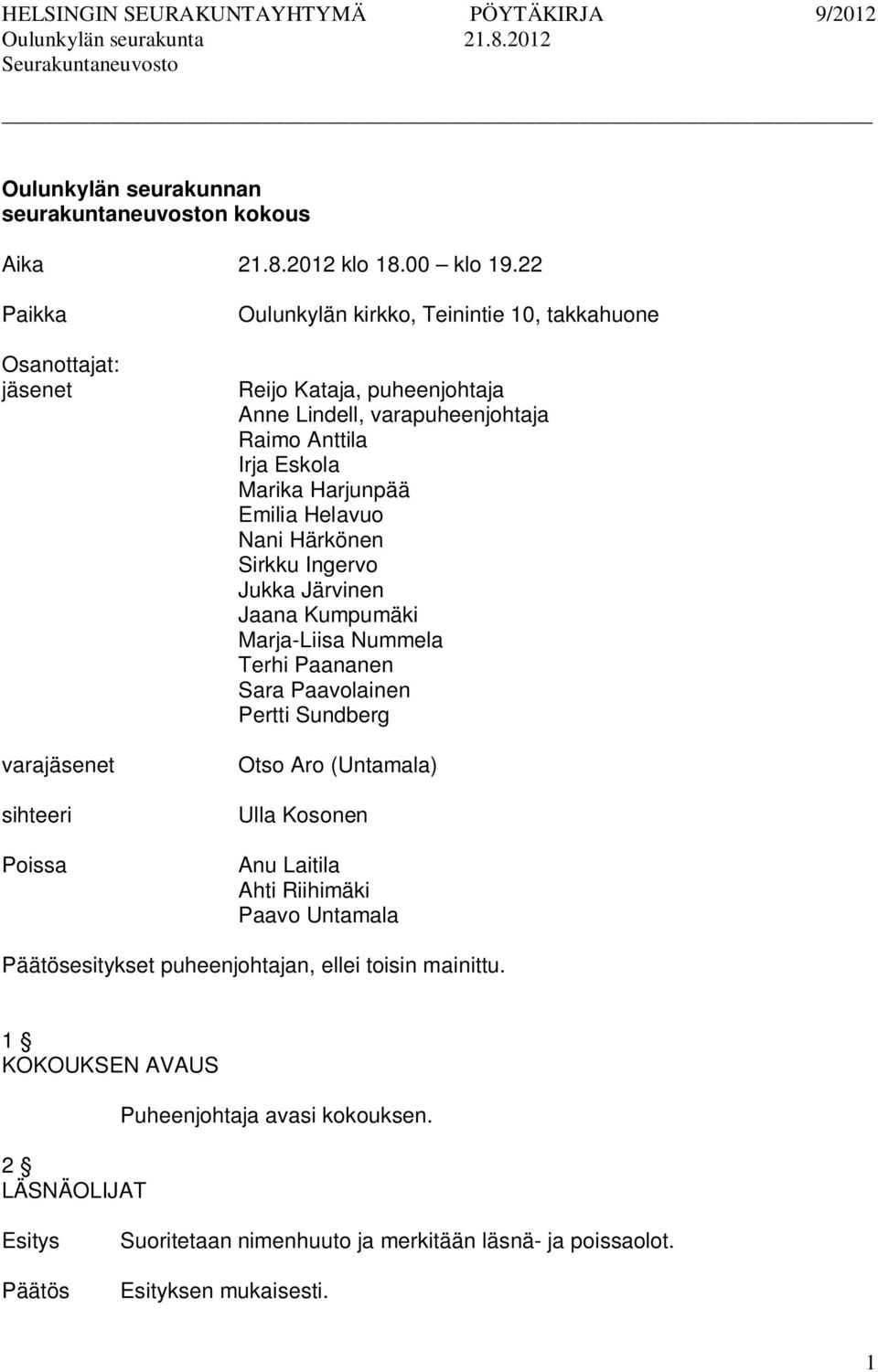 Anttila Irja Eskola Marika Harjunpää Emilia Helavuo Nani Härkönen Sirkku Ingervo Jukka Järvinen Jaana Kumpumäki Marja-Liisa Nummela Terhi Paananen Sara Paavolainen