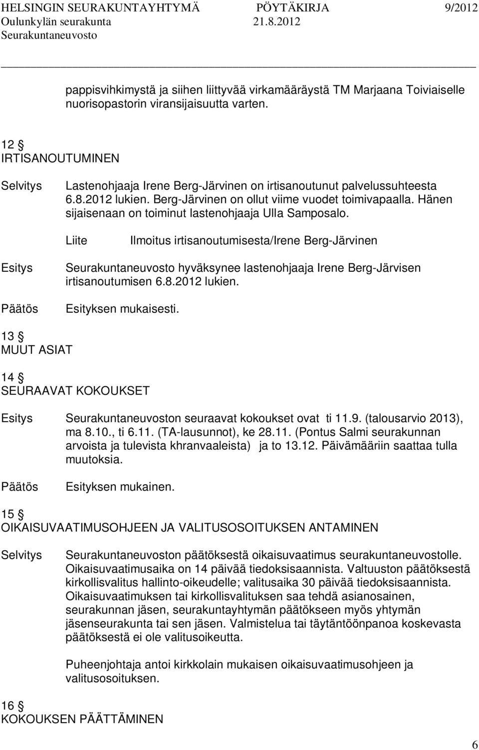 Hänen sijaisenaan on toiminut lastenohjaaja Ulla Samposalo. Ilmoitus irtisanoutumisesta/irene Berg-Järvinen hyväksynee lastenohjaaja Irene Berg-Järvisen irtisanoutumisen 6.8.2012 lukien.