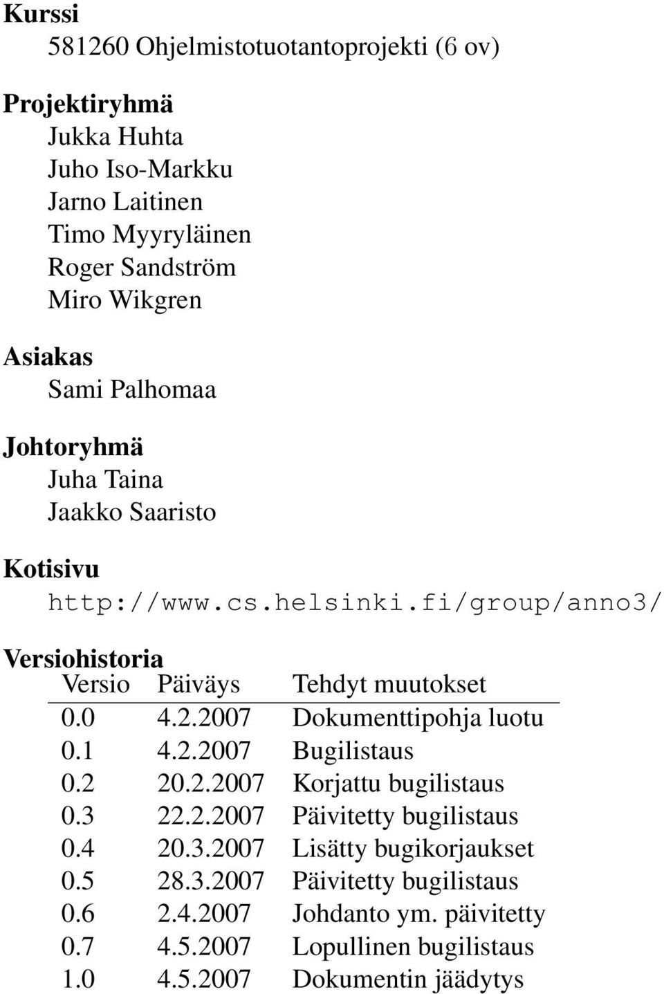 fi/group/anno3/ Versiohistoria Versio Päiväys Tehdyt muutokset 0.0 4.2.2007 Dokumenttipohja luotu 0.1 4.2.2007 Bugilistaus 0.2 20.2.2007 Korjattu bugilistaus 0.