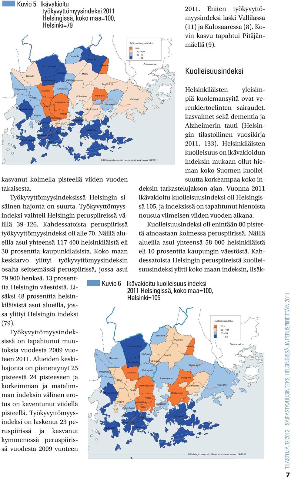 Työkyvyttömyysindeksissä Helsingin sisäinen hajonta on suurta. Työkyvyttömyysindeksi vaihteli Helsingin peruspiireissä välillä 39 126. Kahdessatoista peruspiirissä työkyvyttömyysindeksi oli alle 70.