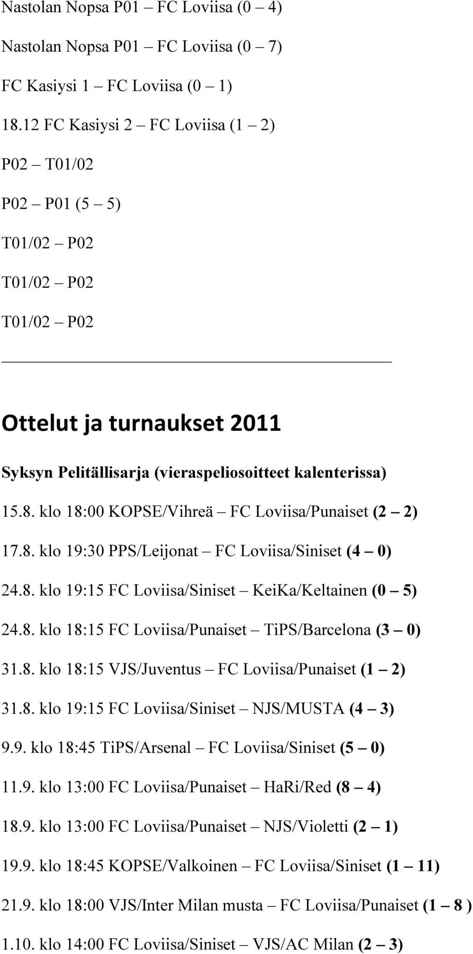 klo 18:00 KOPSE/Vihreä FC Loviisa/Punaiset (2 2) 17.8. klo 19:30 PPS/Leijonat FC Loviisa/Siniset (4 0) 24.8. klo 19:15 FC Loviisa/Siniset KeiKa/Keltainen (0 5) 24.8. klo 18:15 FC Loviisa/Punaiset TiPS/Barcelona (3 0) 31.