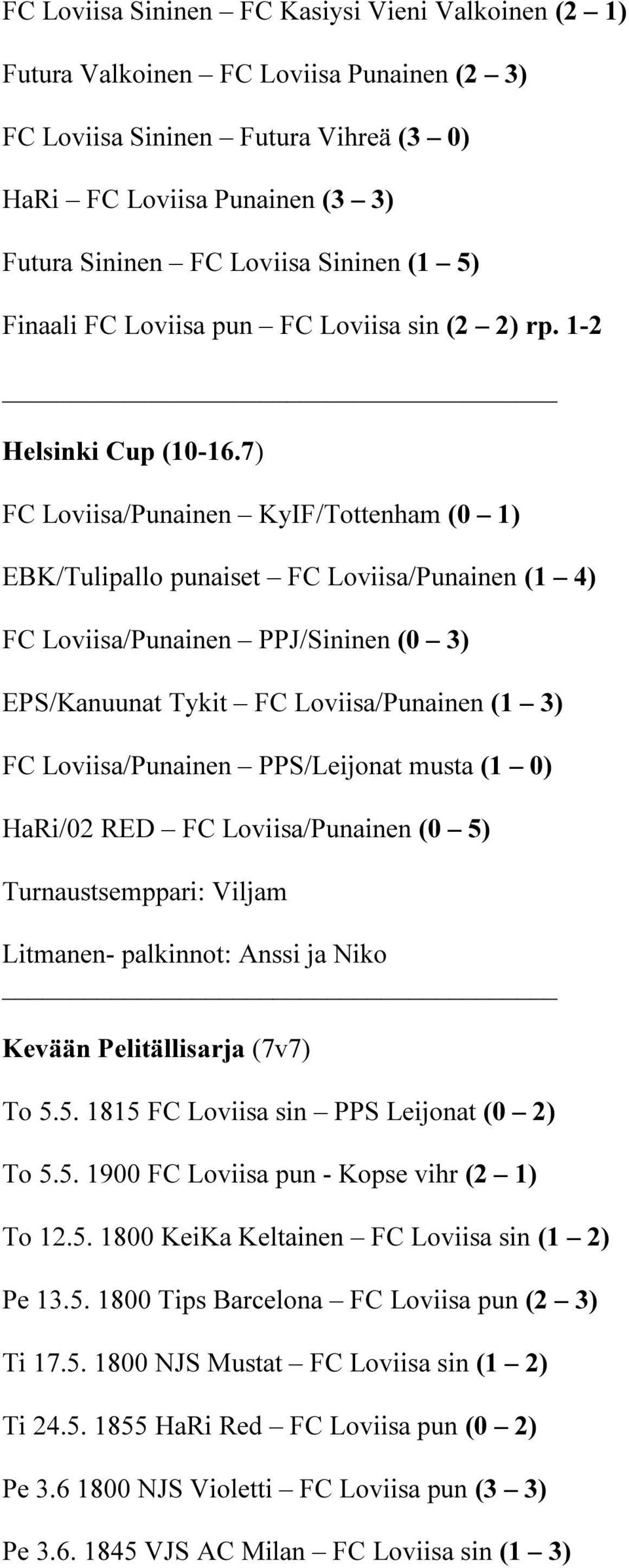 7) FC Loviisa/Punainen KyIF/Tottenham (0 1) EBK/Tulipallo punaiset FC Loviisa/Punainen (1 4) FC Loviisa/Punainen PPJ/Sininen (0 3) EPS/Kanuunat Tykit FC Loviisa/Punainen (1 3) FC Loviisa/Punainen