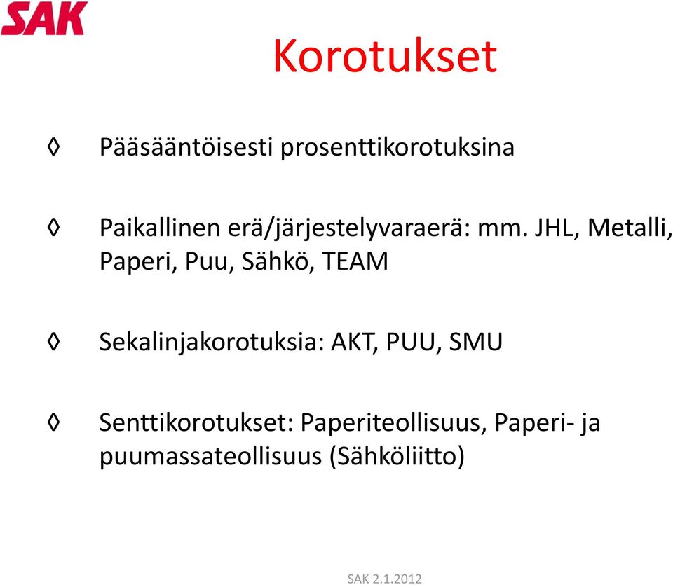 JHL, Metalli, Paperi, Puu, Sähkö, TEAM Sekalinjakorotuksia: