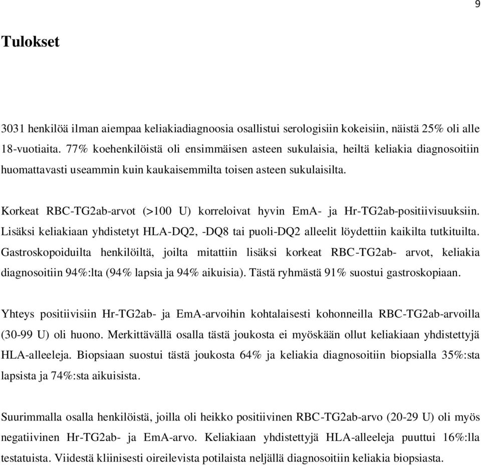 Korkeat RBC-TG2ab-arvot (>100 U) korreloivat hyvin EmA- ja Hr-TG2ab-positiivisuuksiin. Lisäksi keliakiaan yhdistetyt HLA-DQ2, -DQ8 tai puoli-dq2 alleelit löydettiin kaikilta tutkituilta.