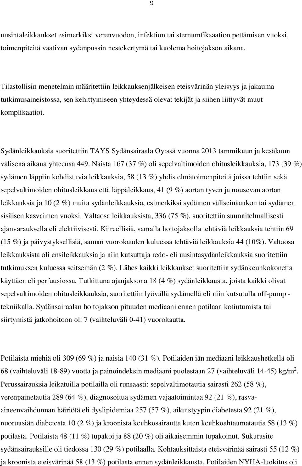 Sydänleikkauksia suoritettiin TAYS Sydänsairaala Oy:ssä vuonna 2013 tammikuun ja kesäkuun välisenä aikana yhteensä 449.