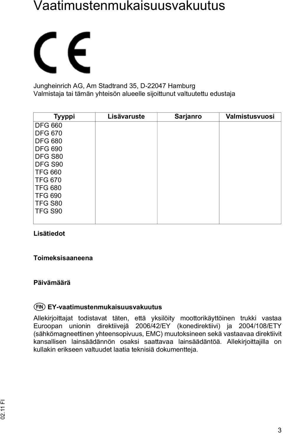 Allekirjoittajat todistavat täten, että yksilöity moottorikäyttöinen trukki vastaa Euroopan unionin direktiivejä 2006/42/EY (konedirektiivi) ja 2004/108/ETY (sähkömagneettinen